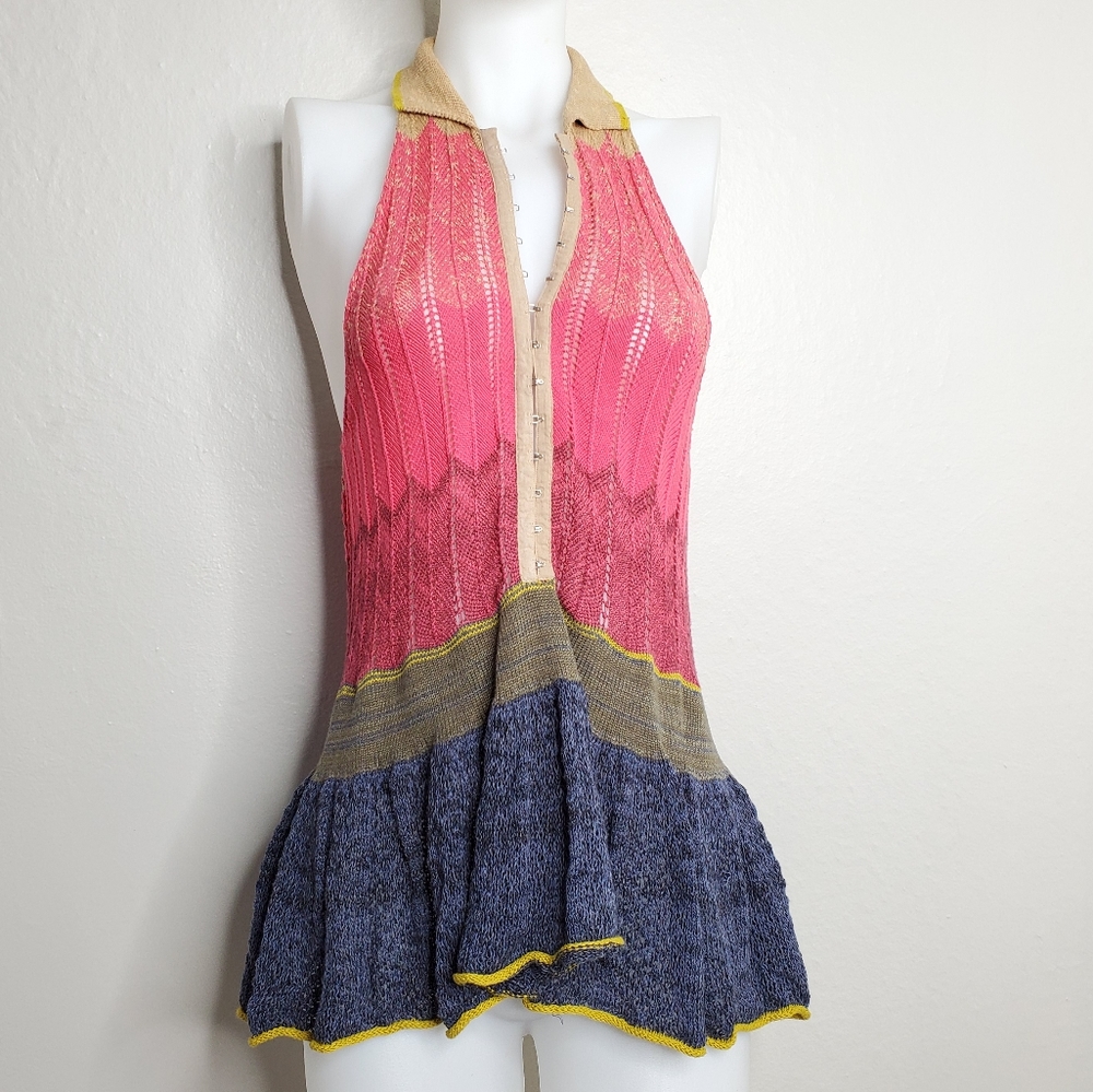 Free People || Boho Peplum Rainbow Vneck Polo Top